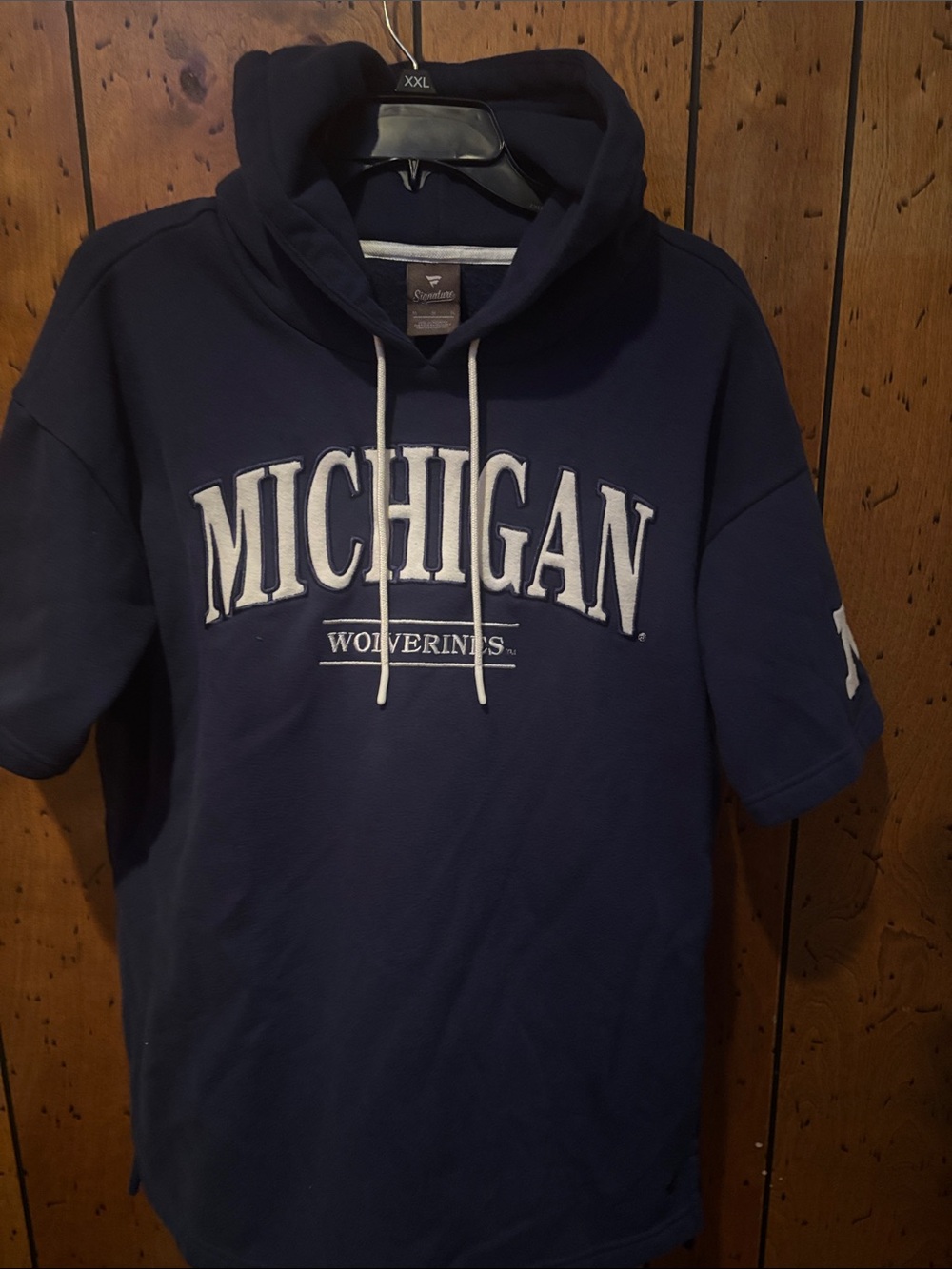 Signature Navy Michigan Hooded Short-Sleeve Sweatshirt with White Lettering